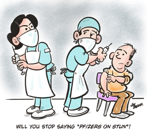 Pfizer vaccination cartoo by Jim Barker cartoon illustration