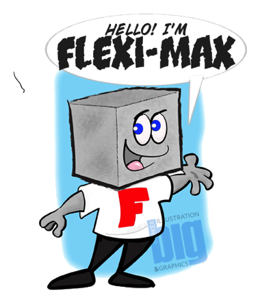 Fleximax mascot designed for a concrete manufacturere by Jim Barker cartoon illustration