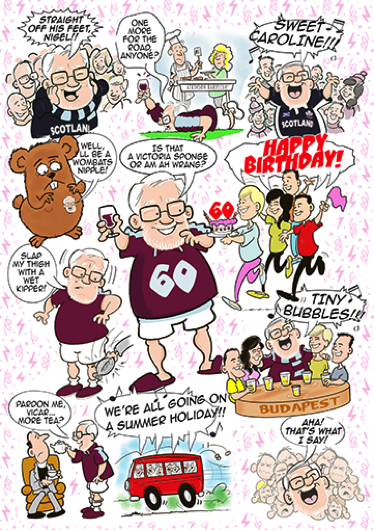 60th Birthday cartoon montage by Jim Barker cartoon illustration