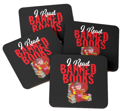 I Read Banned Books drinks mats by Jim Barker Cartoon Illustration available on Redbubble